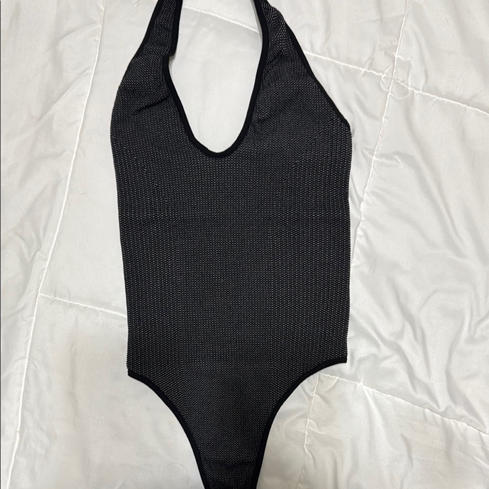 Free people intimatel Black Plunging V-Neck Bodysuit with Halter Straps